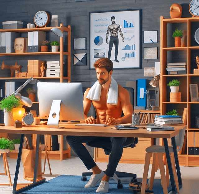 젊은 백인 남자가 웃통을 벗고 목에 흰 수건을 걸친채 사무실 의자에 앉아 노트북을 하면서 야근중이다.