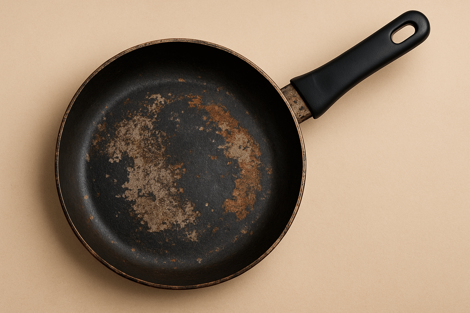 코팅이 벗겨지고 표면이 낡은 프라이팬의 클로즈업 이미지, 베이지색 배경