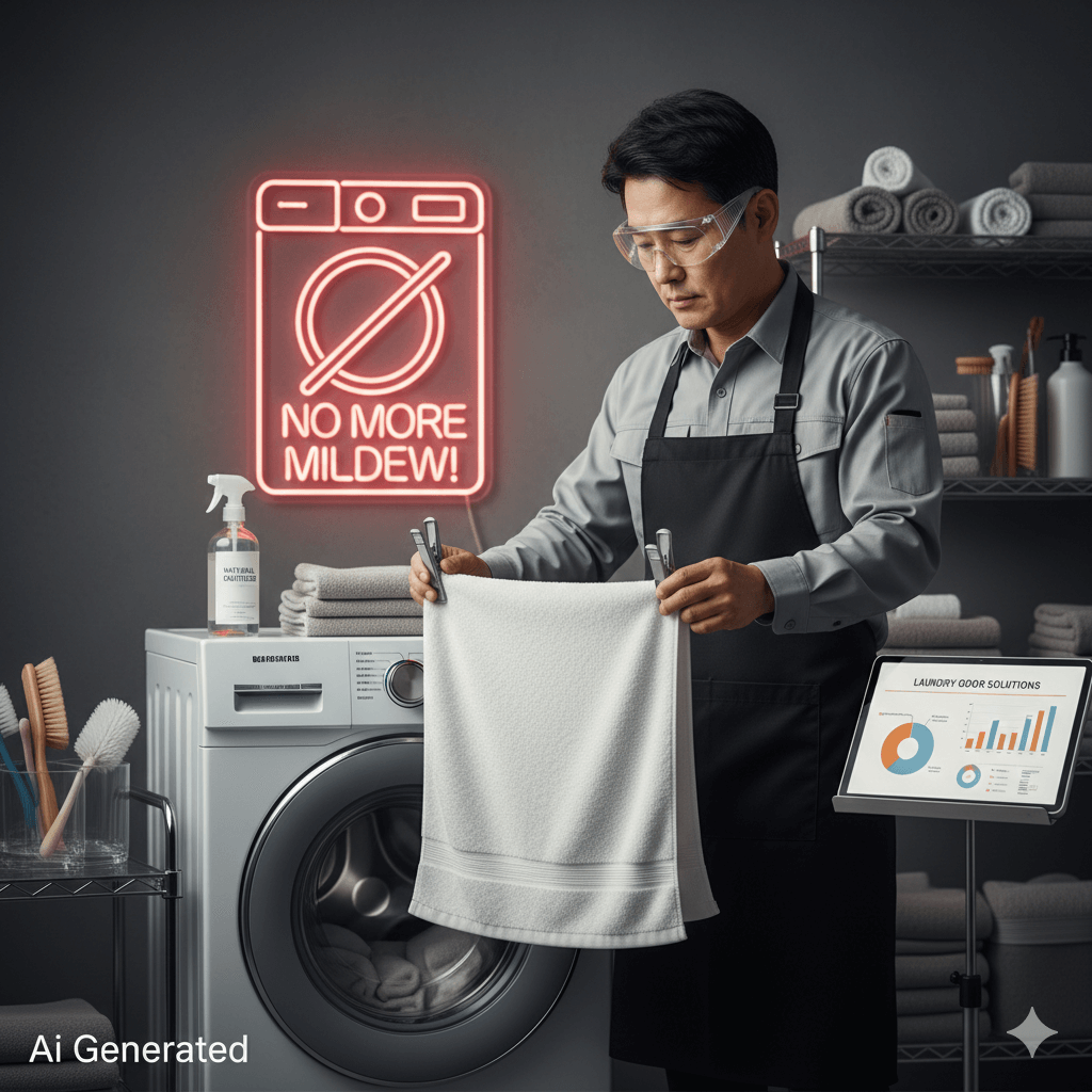 세탁 전문가가 수건 쉰내를 방지하기 위해 집게로 널어 공기 순환을 돕는 모습