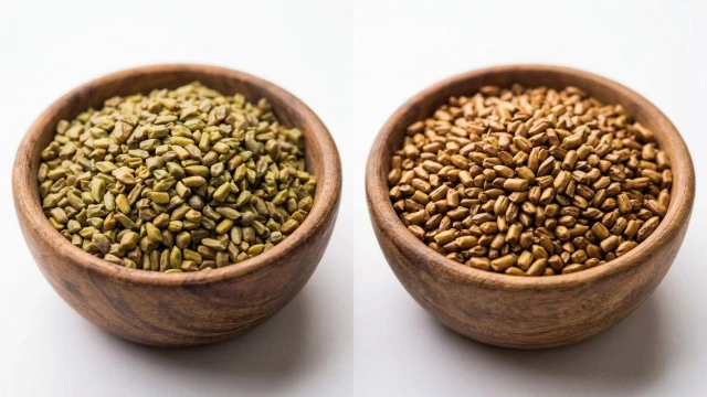 생결명자(녹황색)와 볶은 결명자(황갈색) 비교 &mdash; 색 변화 확인