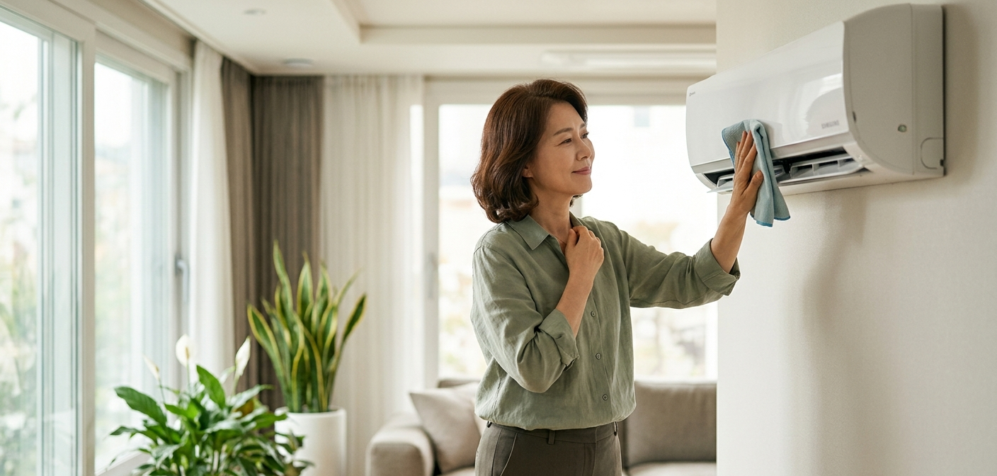 2026년형 벽걸이 에어컨 전면 패널을 열고 내부에 쌓인 곰팡이와 먼지를 극세사 천으로 정성스럽게 닦아내는 50대 중년 여성의 모습.