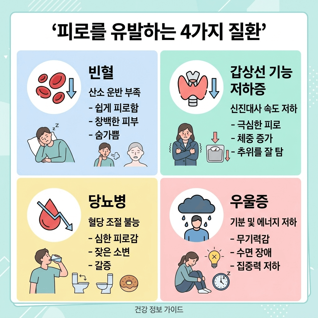 피로 유발 대표 질환 4가지 요약 인포그래픽