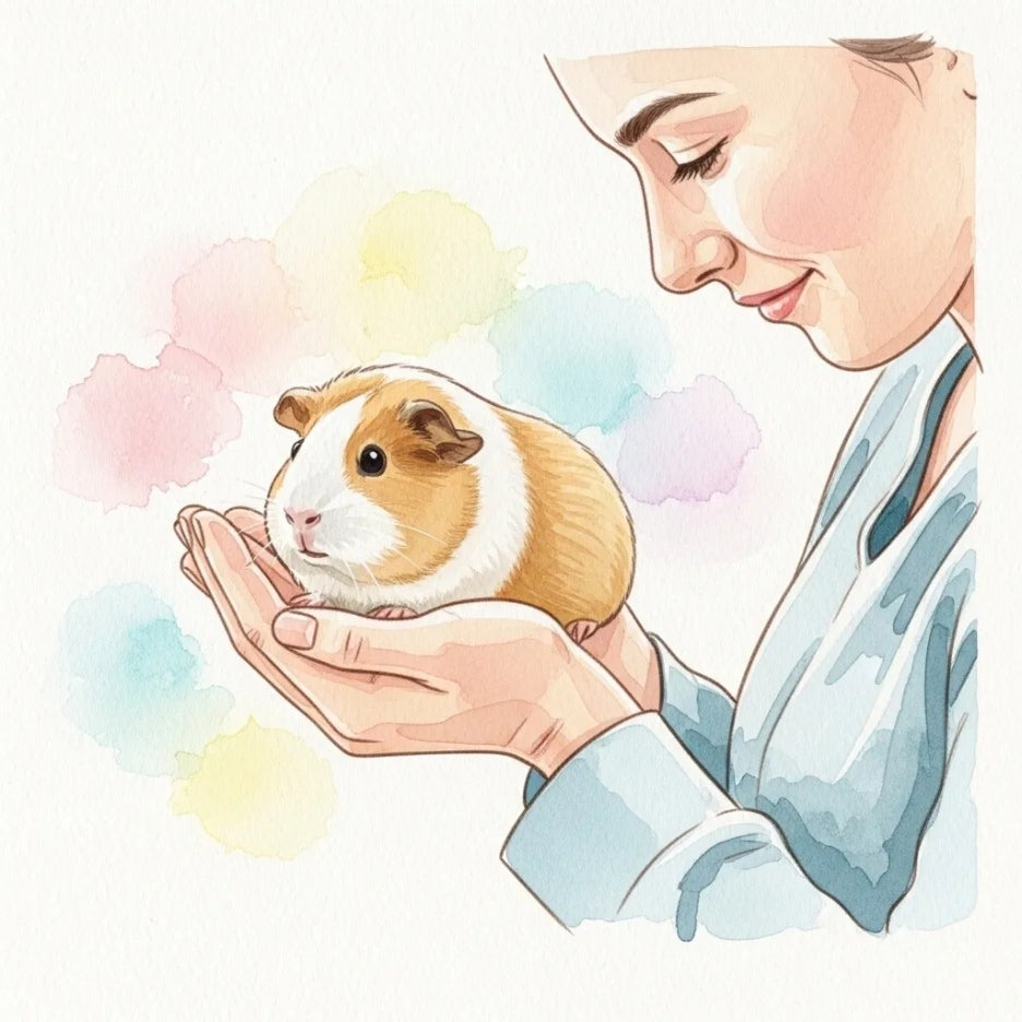 두 손으로 작고 소중한 기니피그를 안고 있는 모습
