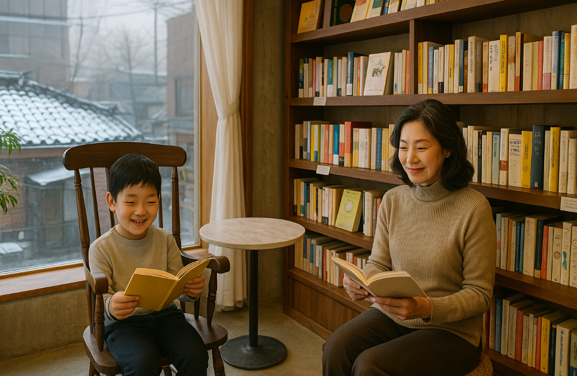독서를 통해 함께 힐링하고 있는 손자와 할머니 모습