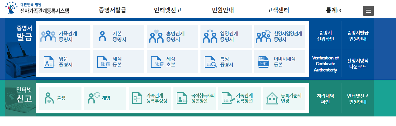 대법원 전자가족관계등록시스템 증명서 발급방법