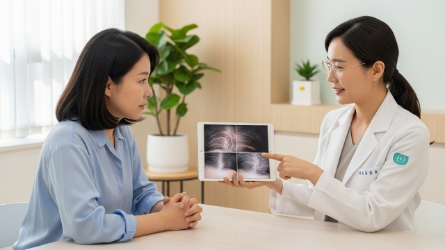 피부과에서 탈모 상담을 받는 여성