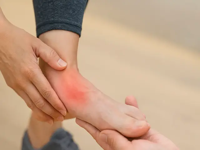 발등의 붉은 부위에 손을 대고 있는 모습, 근육과 인대 과사용으로 인한 발등 통증 묘사