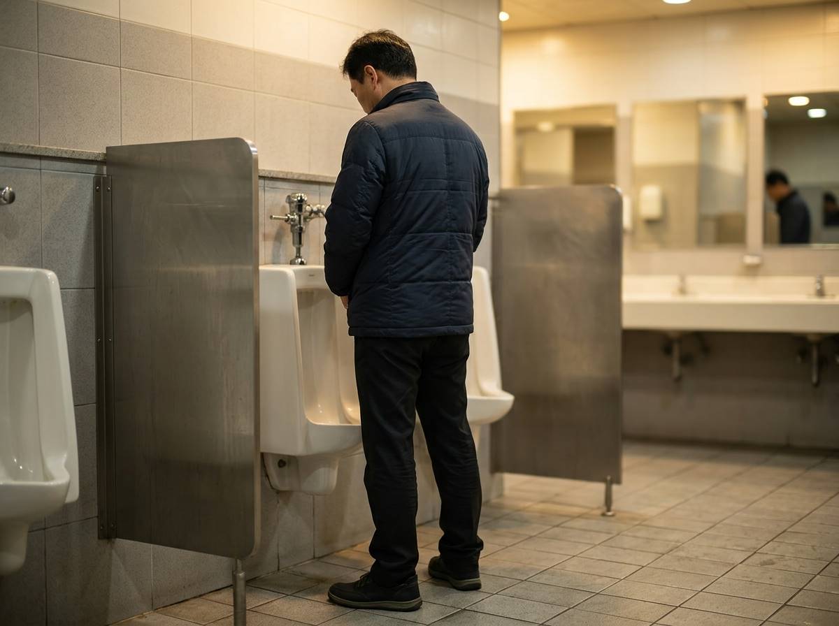 화장실 내부에서 고심하는 중년 남성의 뒷모습
