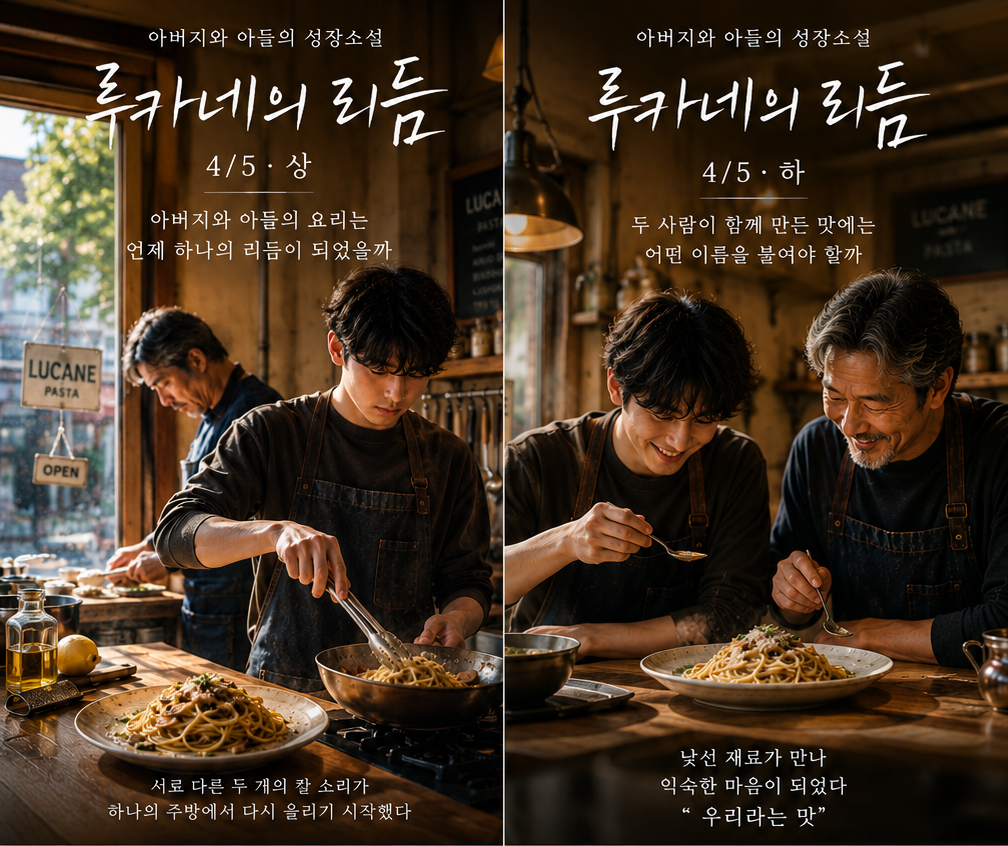 A side-by-side cover image for “Lucane’s Rhythm” Part 4 shows a teenage son and his father working in their warmly lit family pasta kitchen. On the left, they begin moving together while cooking despite their different rhythms; on the right, they taste and finish a pasta dish they created together, representing their growing partnership and the idea of “our flavor.”