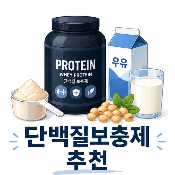 단백질 파우더와 스쿱, 우유와 식물성 원료를 이용해 단백질보충제 선택을 표현한 그림