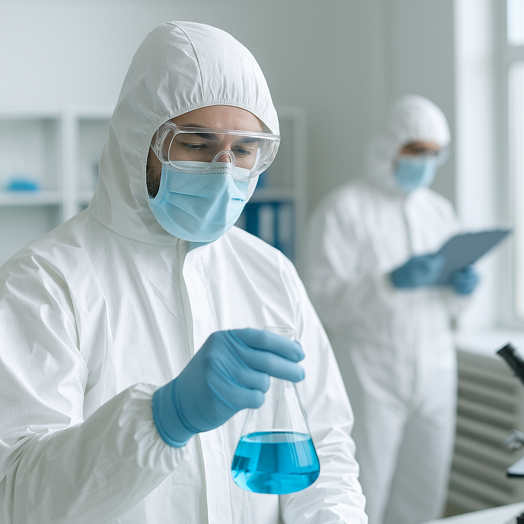 "두 명의 연구원이 보호복과 마스크, 고글을 착용한 채 실험실에서 실험 중인 모습. 전면의 연구원은 파란색 액체가 담긴 플라스크를 관찰하고 있으며, 배경의 다른 연구원은 클립보드를 들고 실험 데이터를 확인하고 있다. 깨끗하고 밝은 자연광이 들어오는 현대적인 실험실 환경"