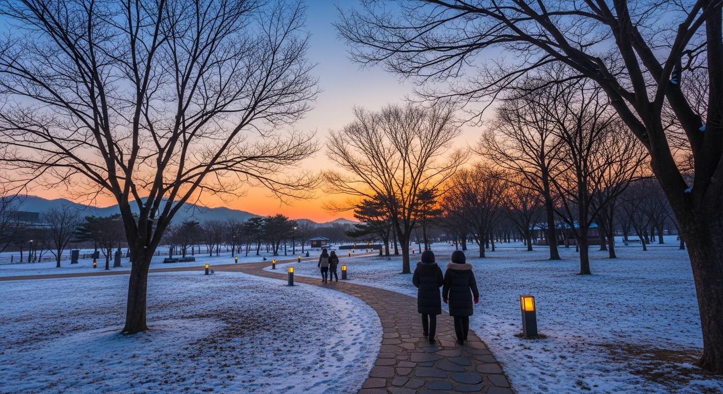 명절 식사 후 가족들과 함께 맑은 공기를 마시며 공원을 산책하는 여유로운 뒷모습