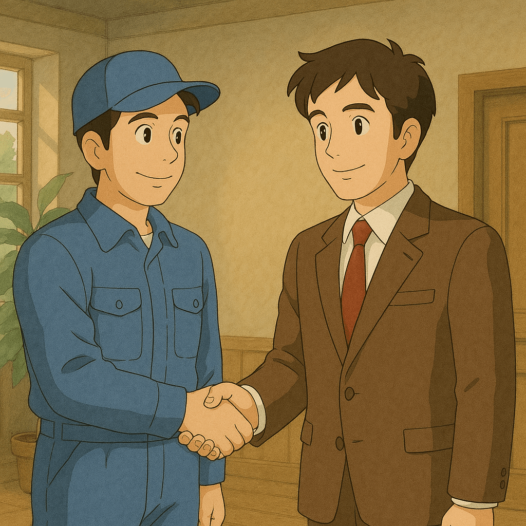 사업자와 직원의 악수하는 모습 지브리스타일