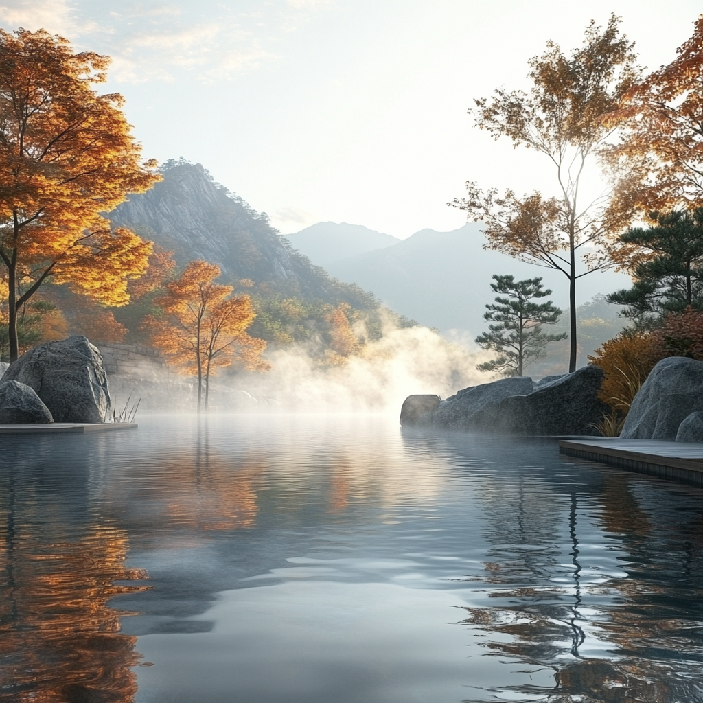 산 속 야외 온천