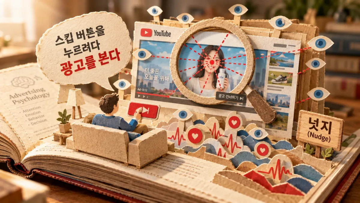 건너뛰기 버튼 위에서 멈춘 사용자의 엄지손가락과 화면 중앙에 모이는 시선을 팝업북으로 표현한 이미지. 시선 추적 점선과 브랜드 각인 영역을 강조한 심리학 일러스트