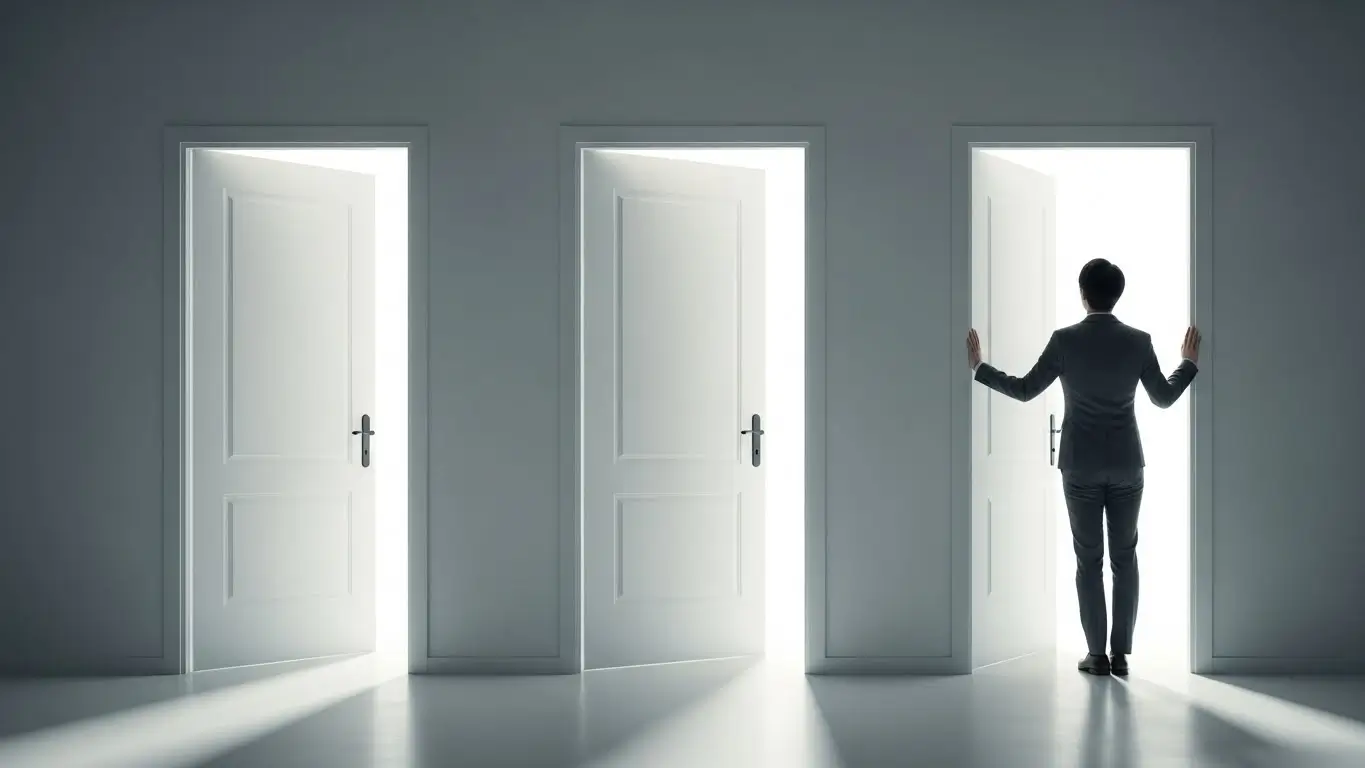 세 개의 문 중 활짝 열린 문을 통해 밝은 빛이 쏟아져 나오는 선택의 순간을 묘사한 이미지