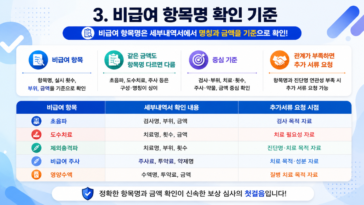 초음파·도수치료·체외충격파·비급여 주사·영양수액의 확인 기준을 정리한 16:9 인포그래픽