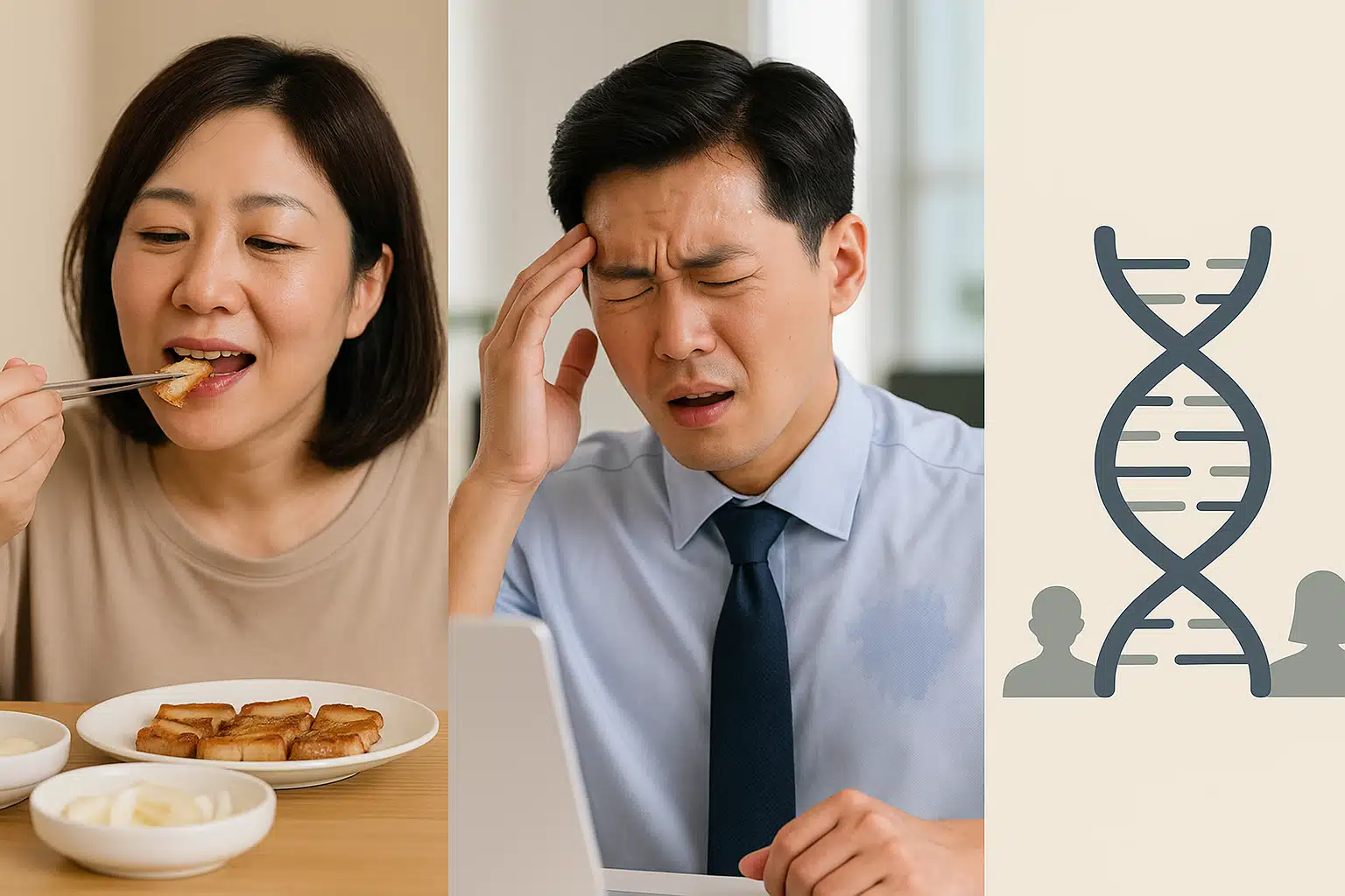 마늘·양파·육류를 먹는 장면, 스트레스로 긴장하며 땀 흘리는 사람, 유전적 차이를 나타내는 DNA 아이콘