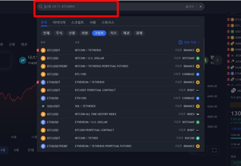 트레이딩뷰 종목검색화면