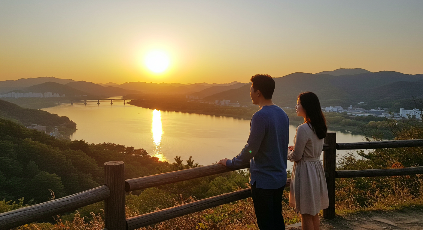 해 질 녘 춘천 의암호와 소양강의 아름다운 풍경을 한국인 연인이 바라보는 모습