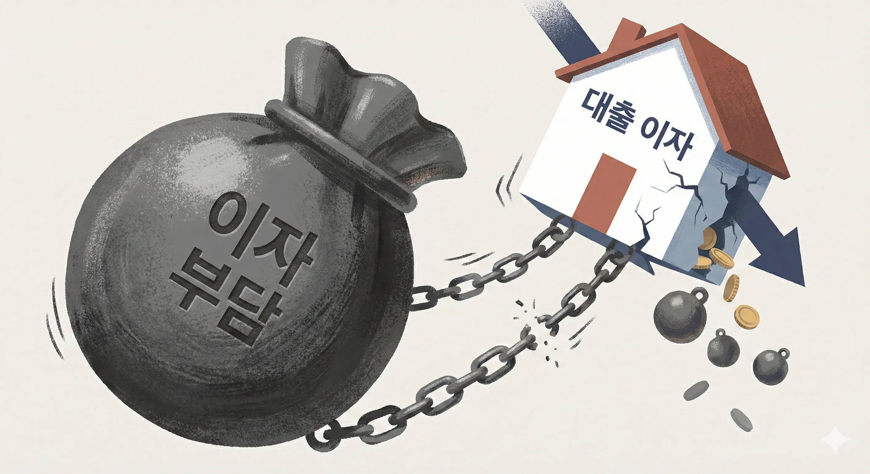 한국은행 기준금리 동결로 인해 무거운 대출 이자 부담 철퇴를 맞고 금이 가는 집 그래픽