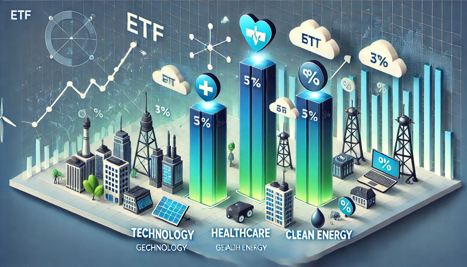 주요 성장형 ETF 섹터별 성과 비교 차트로, 기술, 헬스케어, 친환경 에너지 분야의 성장 추이를 시각화한 전문 인포그래픽