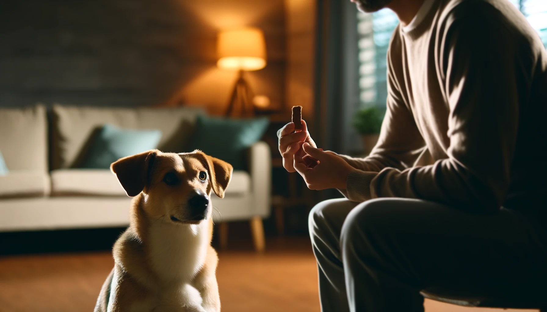 강아지가 보호자의 훈련에 따라 조용히 집중하는 장면
