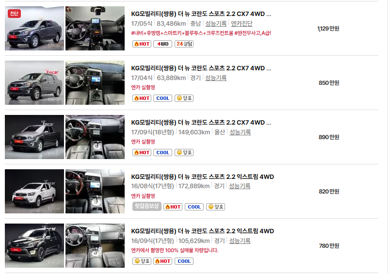 쌍용 코란도 중고차 가격 시세표 유지비