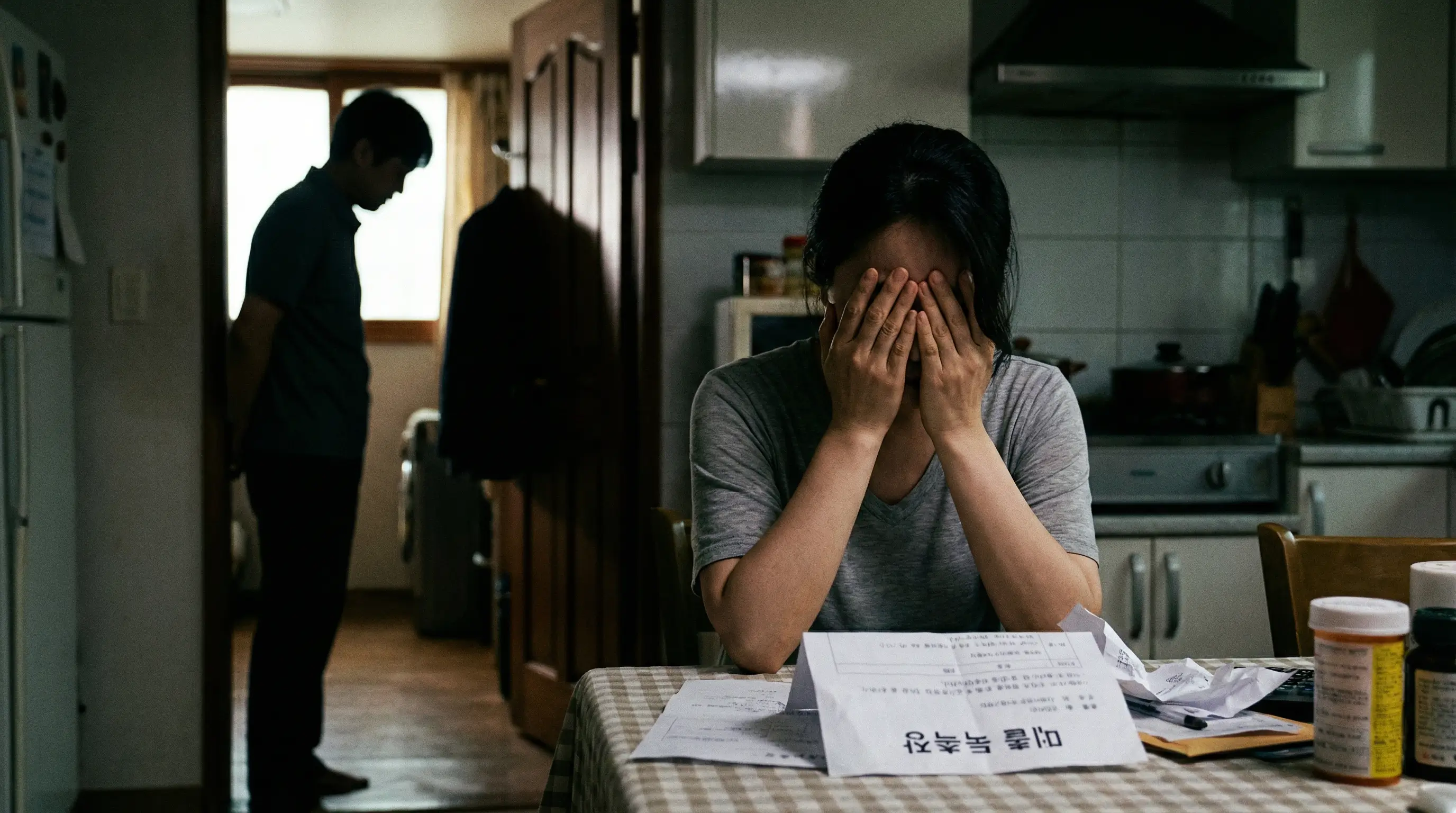 배우자가 몰래 받은 대출 독촉장을 발견하고 충격에 빠진 아내와 이를 지켜보는 남편의 실루엣