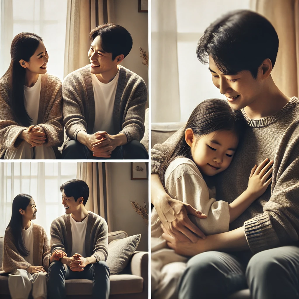 거실 소파에 앉아 부모가 아이를 껴안으며 도전과 실패에 대해 진솔한 대화를 나누는 모습. 부드러운 조명과 아늑한 분위기가 사랑과 지지를 강조함.