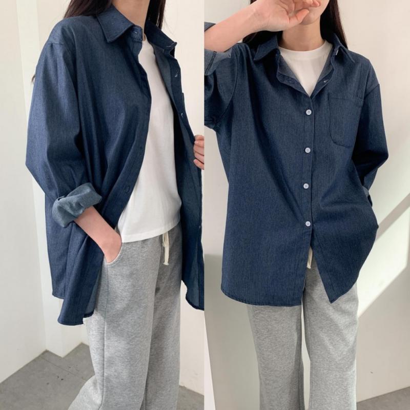 여성 빅사이즈 데님 셔츠 긴팔 롱 청남방