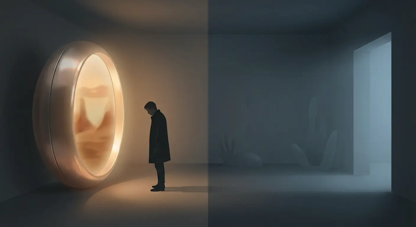 A person standing before a futuristic machine symbolizing artificial happiness