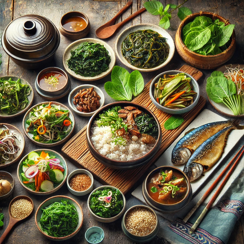 현미밥과 나물반찬 된장찌게 고등어구이