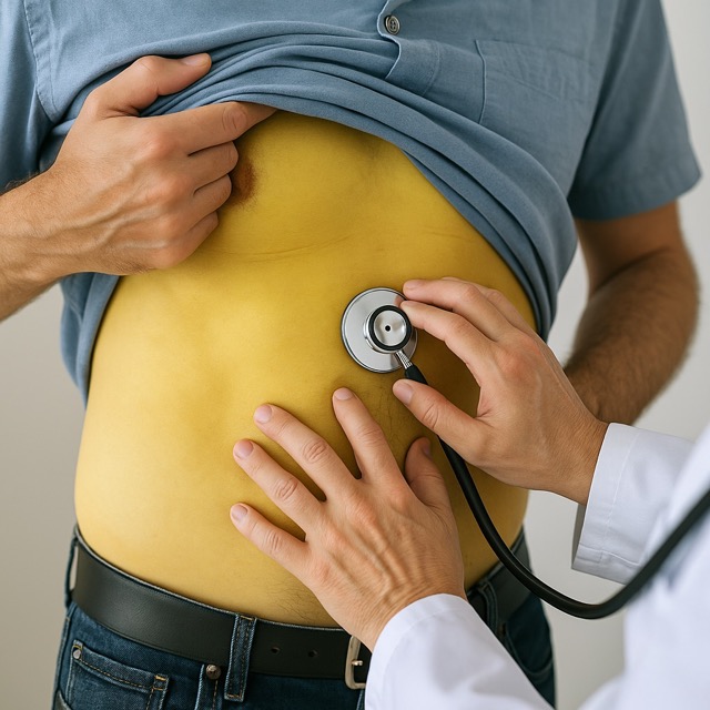 황달 증상이 나타난 복부를 진찰하는 모습(출처: 자체제작)