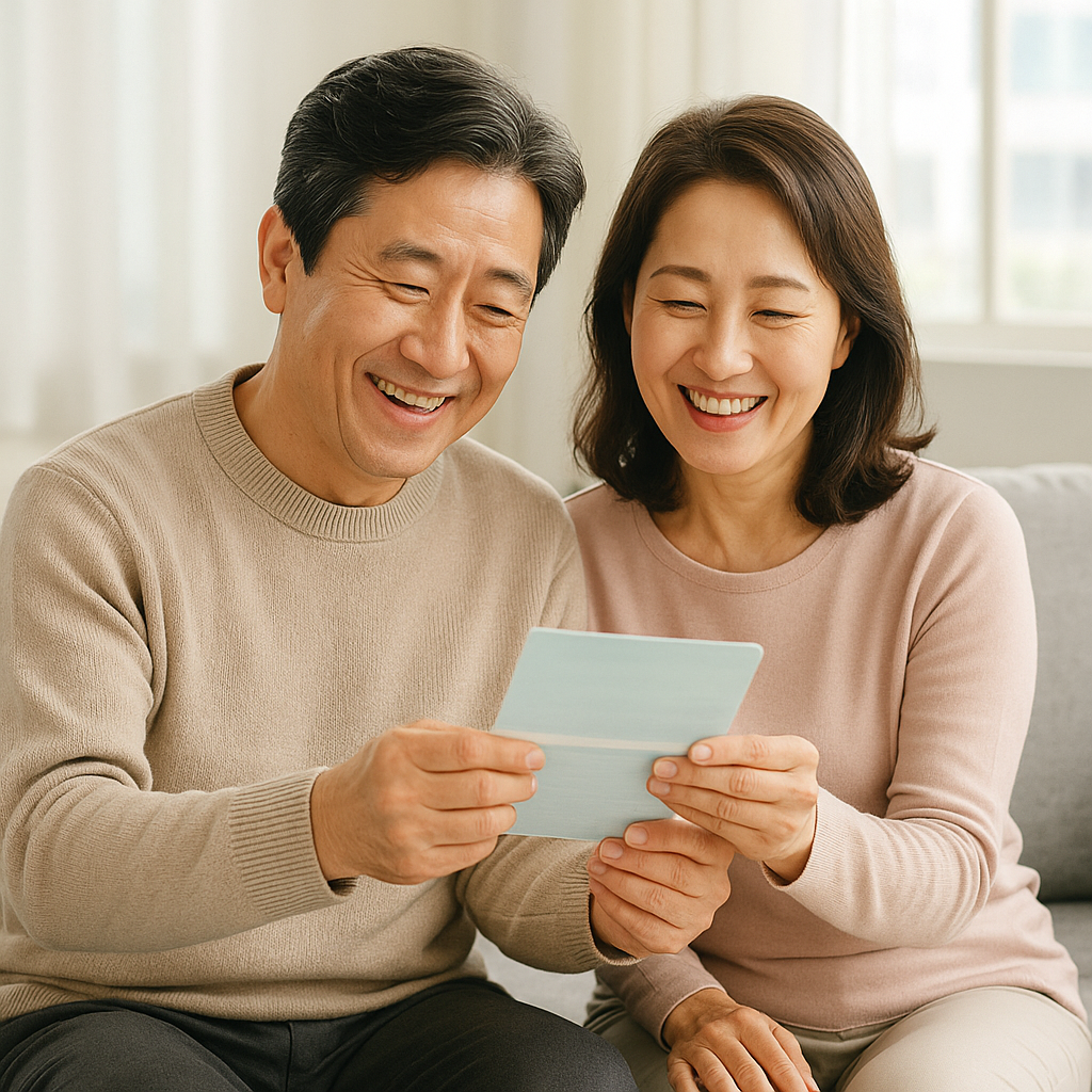기초연금, 국민연금 수령금액보며 기뻐하는 중년부부의 모습