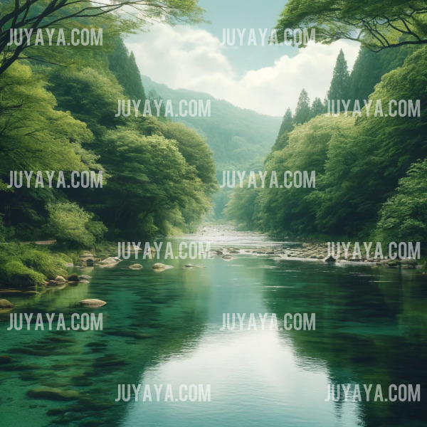 푸른 숲 속에서 맑은 물이 잔잔히 흐르는 강&amp;#44; 물 위에 나무와 하늘이 반영된 고요하고 평화로운 풍경