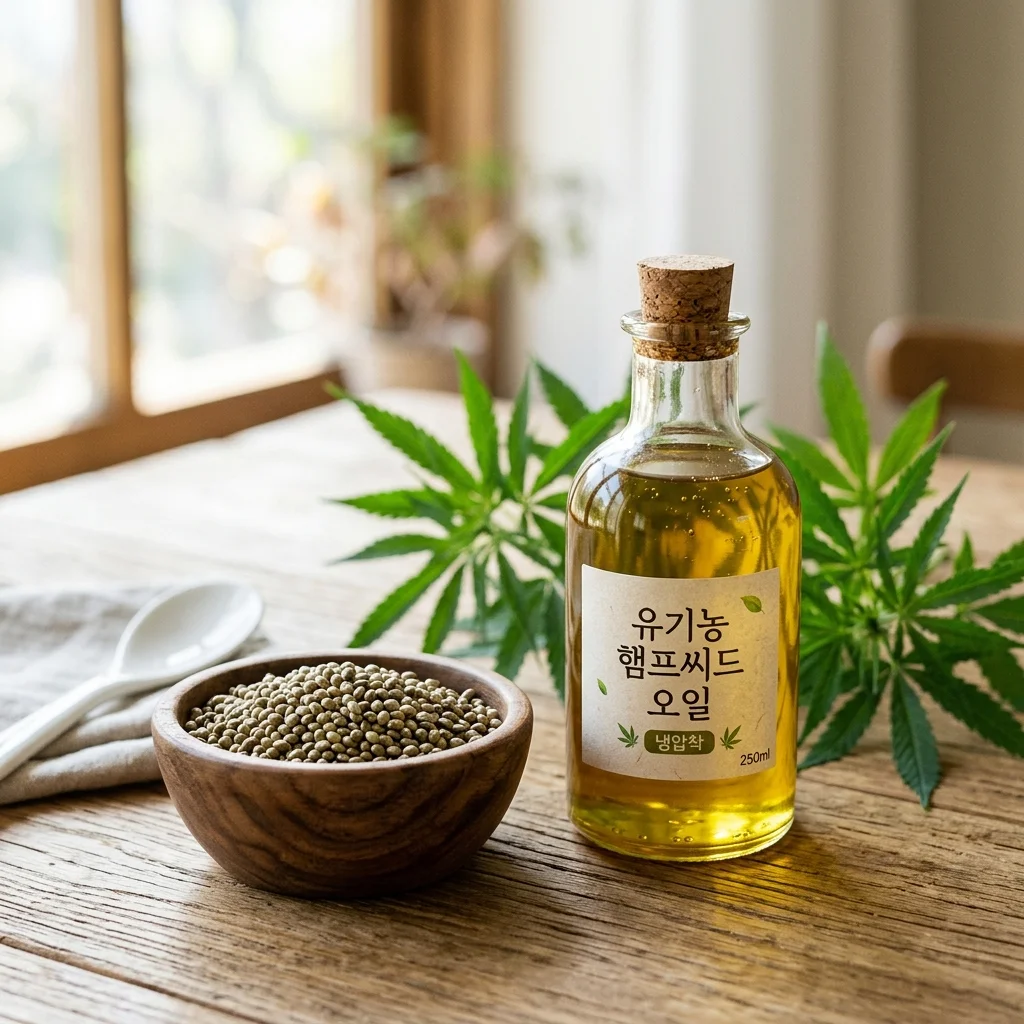 나무 그릇에 담긴 유기농 대마 종자와 유리병에 들어 있는 황금빛 대마종자유가 자연 채광 아래 놓여 있는 모습