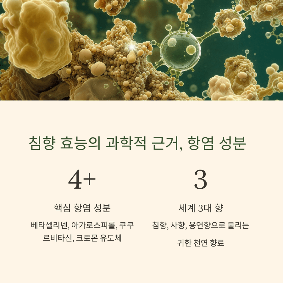 핵심 항염 성분: 베타셀리넨, 아가로스피롤, 쿠쿠르비타신, 크로몬 유도체