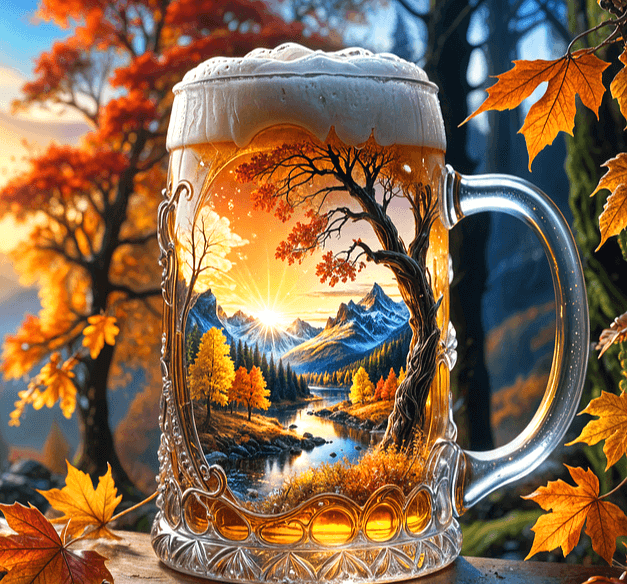 커다란 500CC 맥주잔에 맥주가 가득하다. 병에 단풍나무가 비치고, 뒤에는 가을 단풍나무가 가득하다.