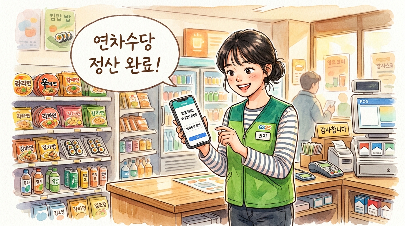 편의점 5개월 단기 알바생에게 퇴사시 연차수당을 입금 받아 휴대폰을 보며 감사와 기쁨의 웃음을 짓은 모습.