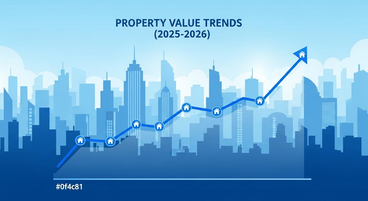 상승하는 부동산 시장 가치와 주택 아이콘이 있는 그래프로, 2026년 주택 가격 상승 경향을 보여줌.