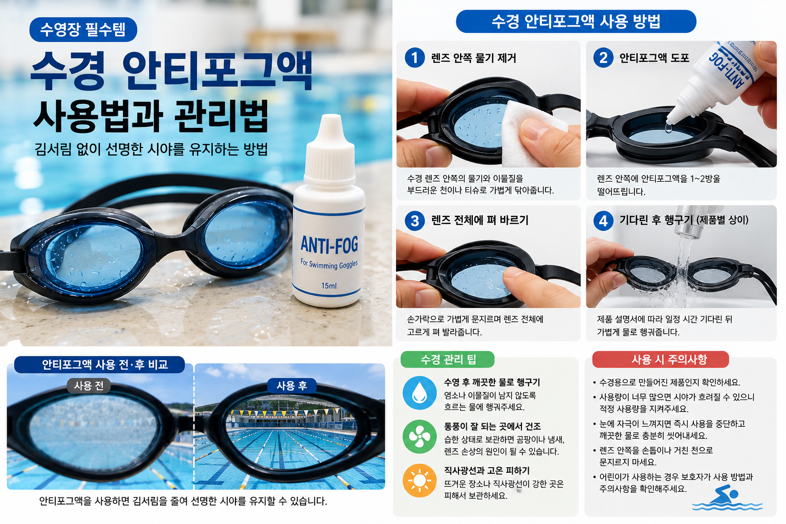 수영장 수경 안티포그액 사용법, 김서림 없이 수영하는 방법