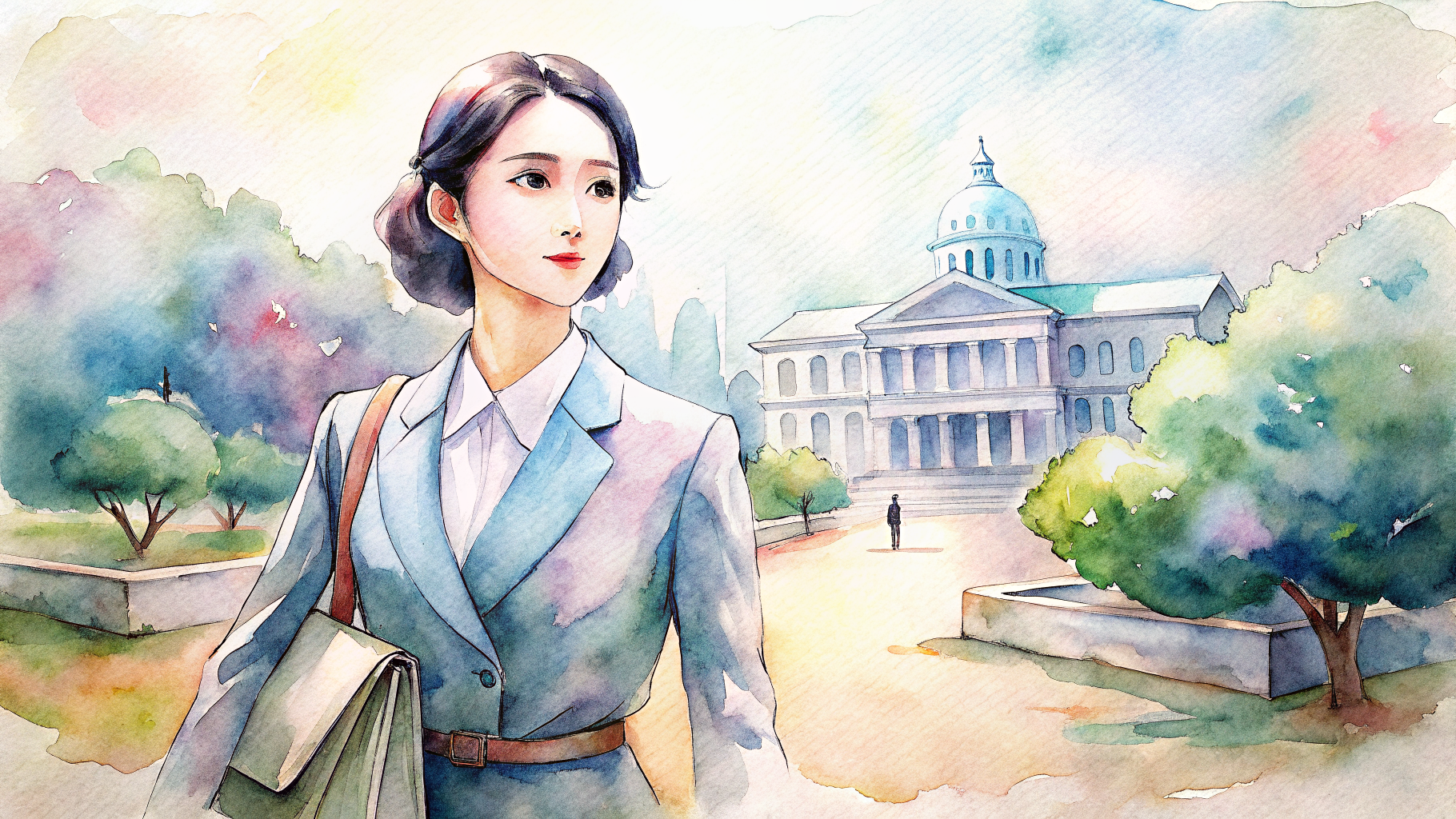 서류 가방을 든 정장 차림의 젊은 여성이 고전적인 돔 건물 앞을 걷고 있는 수채화 스타일의 일러스트. 주변에는 나무와 정원이 조화를 이루며 평화로운 분위기를 자아냄.