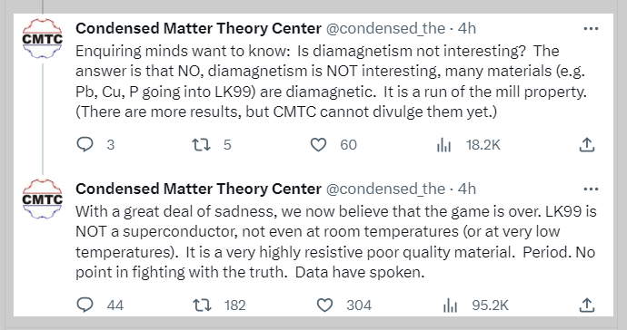 LK-99는 초전도체가 아니라는 결과를 밝힌 CMTC 트위터 게시물