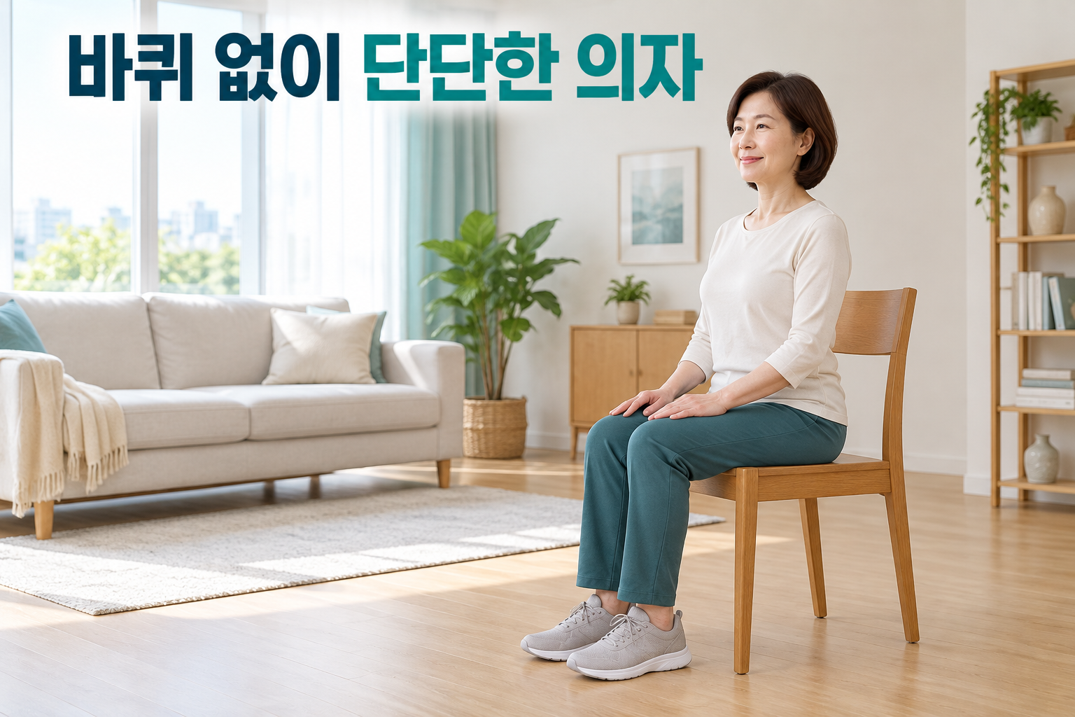 바퀴 없는 단단한 의자에 앉아 발바닥을 바닥에 댄 성인