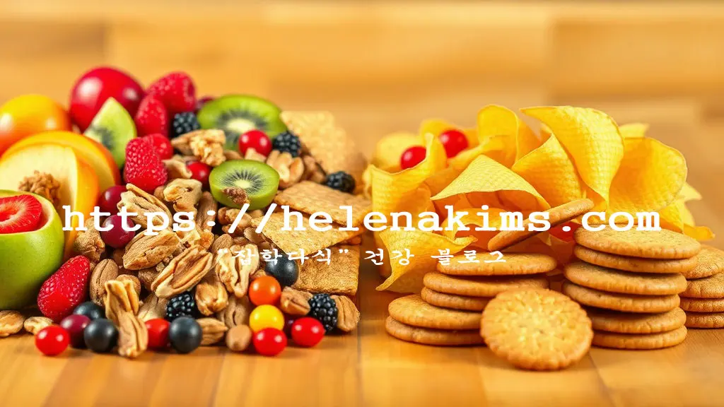 왼쪽에는 과일, 견과류 등 건강한 간식이, 오른쪽에는 몸에 해로운 비스킷 등 피해야 하는 간식의 모습.