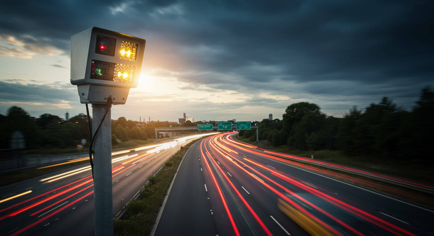 고정식 과속단속카메라가 도로를 찍고있다