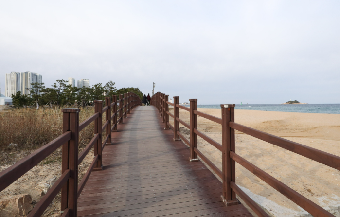 외옹치 해변의 산책로 그 너머로 탁 트인 수평선이 보인다