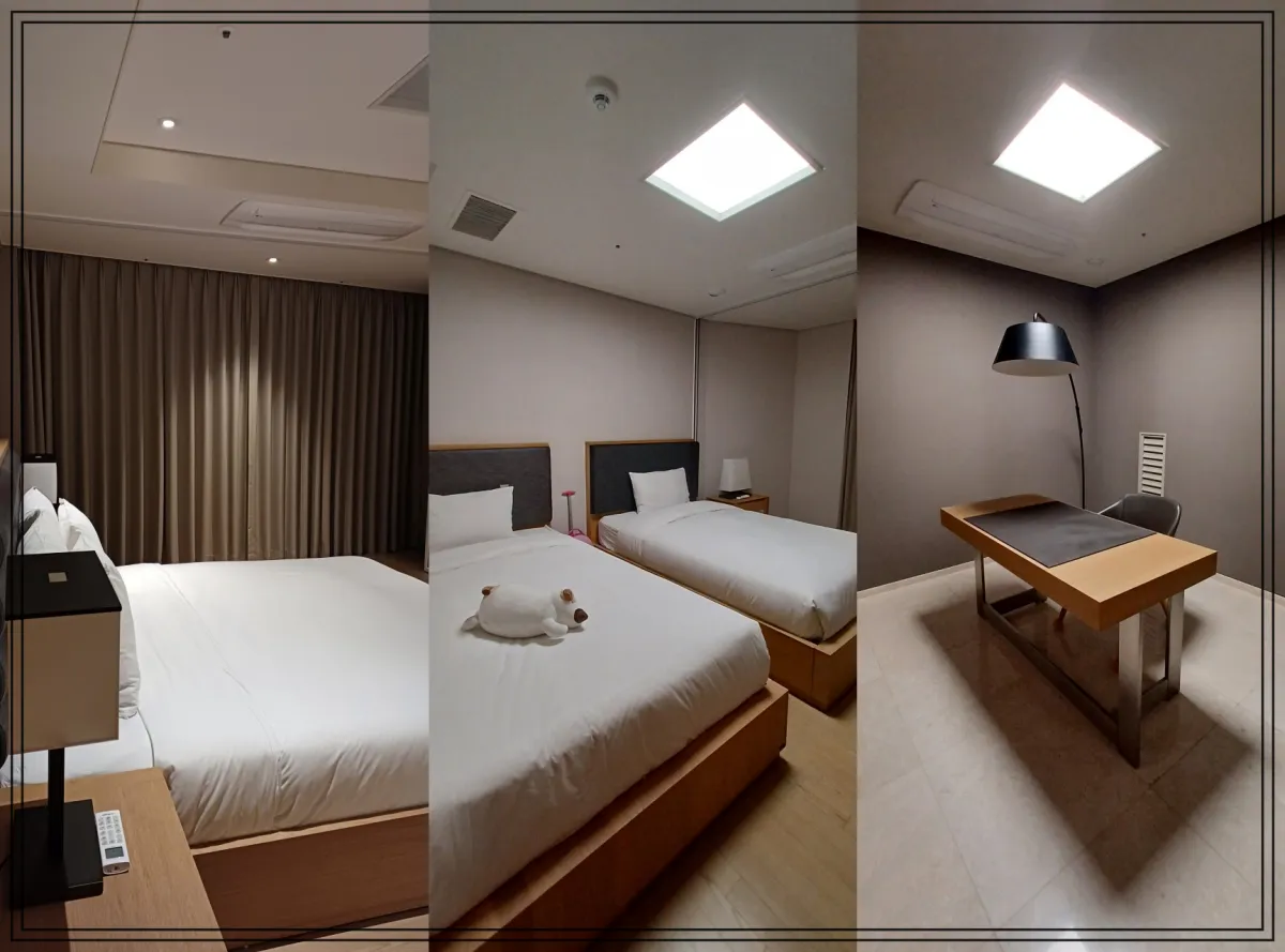 총3개-사진을-붙음-왼쪽에-킹사이즈-침대가-있는-사진-가운데-주니어싱글침대-2개-그중-1개위에-고양이-인형이-있음-오른쪽에는-서재방-우드톤-책상과-가죽의자-아주-큰-조명이-있음