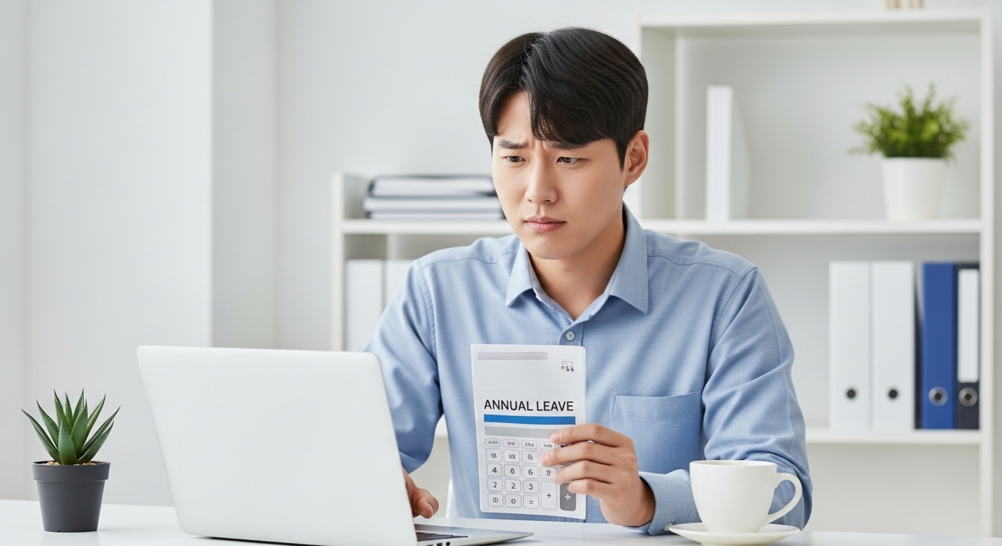 노트북으로 연차를 계산하며 고민하는 한국 남성 직장인의 모습.
